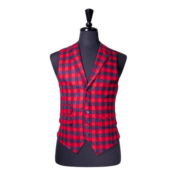 Mens Vest 40R Red Blue Plaid Check Wool Waistcoat Medium Formal Wedding Party - Picture 1 of 10